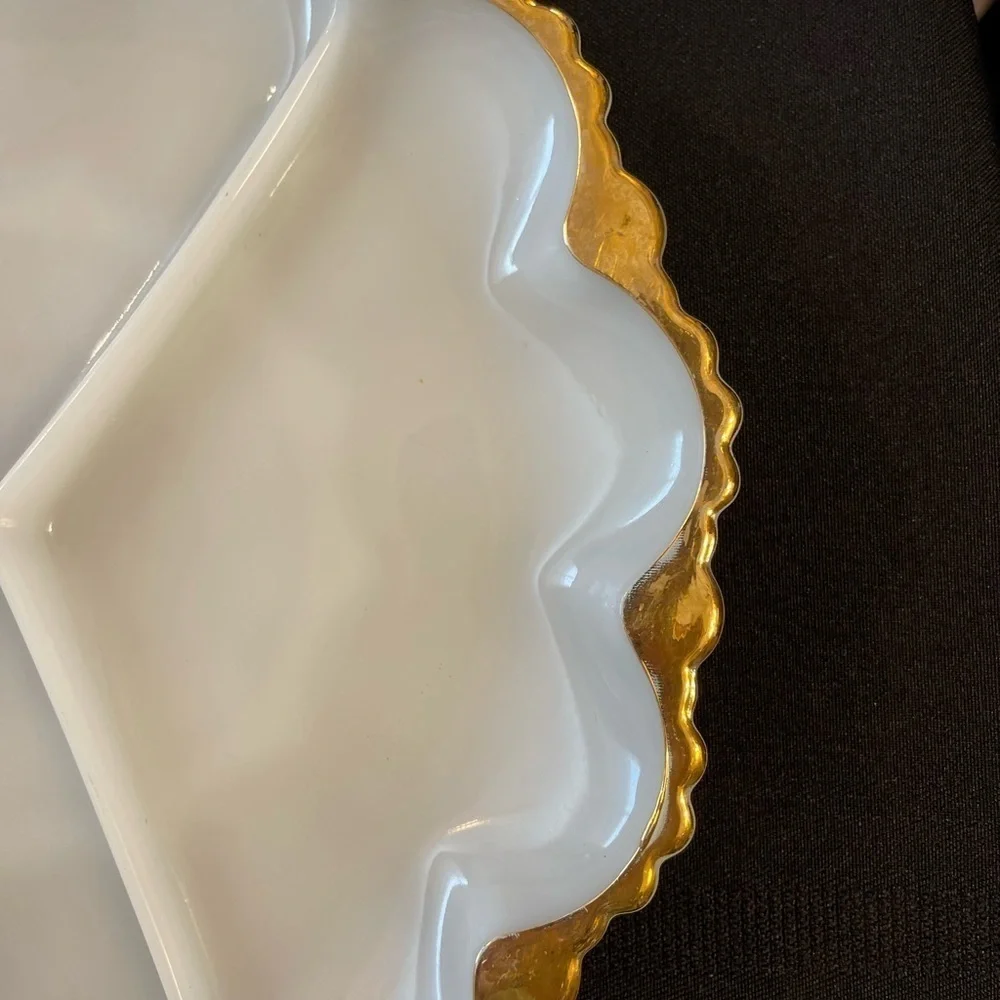 Anchor Hocking gold trim milk glass three section divide relish serving tray.​